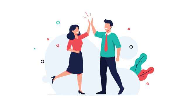 Enthusiastic man and woman give each other a joyous high five, symbolizing shared success, effective teamwork, and positive celebration.