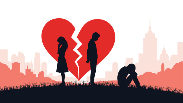 Silhouettes of a broken-hearted couple stand apart with a man sitting alone, symbolizing painful divorce, a difficult breakup, and profound sadness.