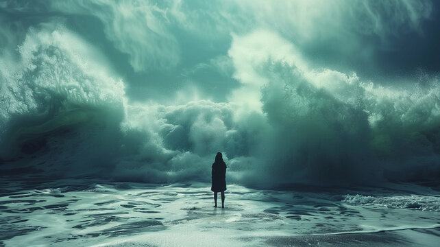 Persona sobre la superficie del mar y olas amenazantes