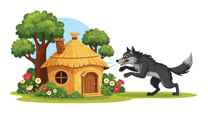 Naklejka premium Classic fairy tale scene depicting the Big Bad Wolf attempting to huff and puff and blow down a straw house of the Three Little Pigs.