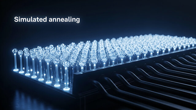 Simulated annealing process with glowing blue metallic pins on a dark background representing optimization algorithm  technology concept