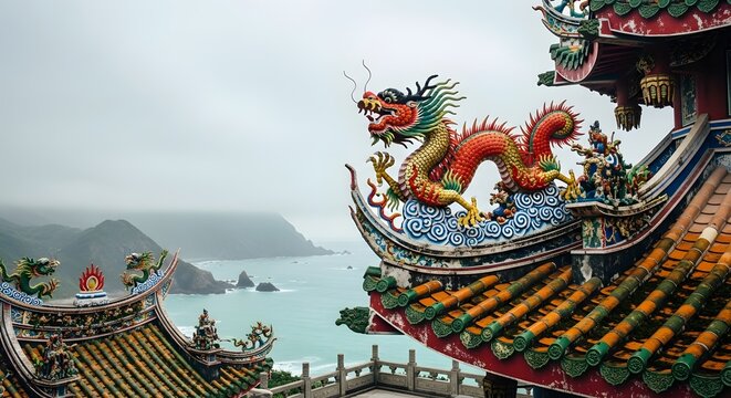 Taiwanese Temple roof with dragon statues facing the ocean at Nanya rocks in Taiwan with copy space for travel designs and creative