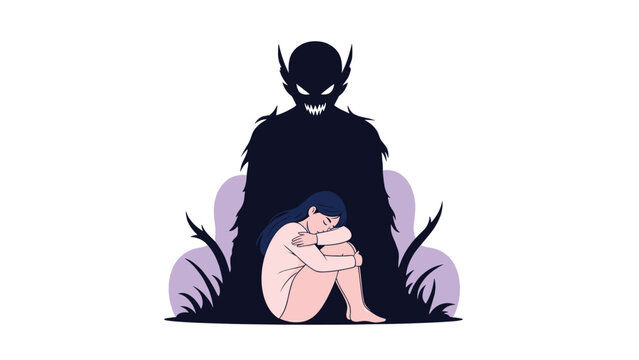 Frightened woman cowering from a menacing monster shadow behind her, symbolizing fear, anxiety, trauma, and inner demons.