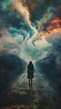 mujer en soledad, caminando por un sendero, al fondo tormenta y cielo con nubes