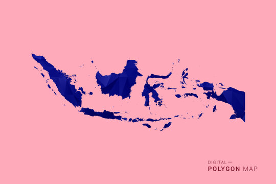 Indonesia Map - Low poly polygon map in deep blue gradient on soft pink pastel background, modern minimal geometric design, clean digital vector illustration.