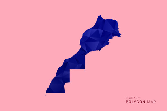 Morocco Map - Low poly polygon map in deep blue gradient on soft pink pastel background, modern minimal geometric design, clean digital vector illustration.