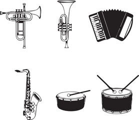 Naklejka premium Jazz music instruments illustration featuring trumpet saxophone clarinet accordion and drums