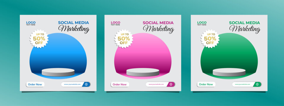 Social Media Marketing Post Template Set with 3D Product Podium and Vibrant Gradient Geometric Shapes Editable AI file
