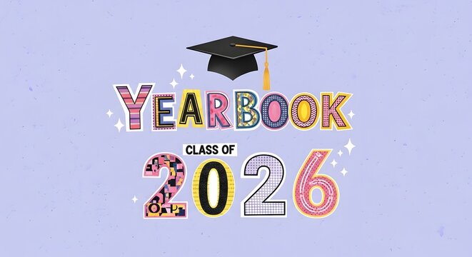 Bright and Bold Yearbook Design for Class of 2026 Celebrations and School Memories with a Graduation Cap on Pastel Background 120 chars