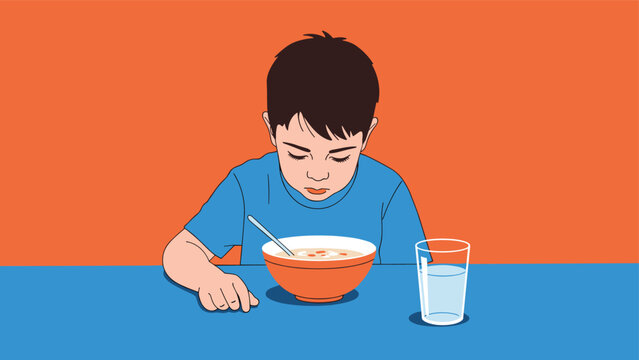 Young boy looking down sadly at a bowl of cereal or soup with a spoon, possibly indicating a loss of appetite, picky eating, or feeding problems.