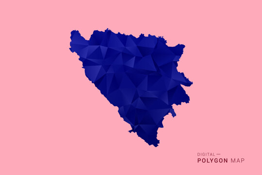 Bosnia and Herzegovina Map - Low poly polygon map in deep blue gradient on soft pink pastel background, modern minimal geometric design, clean digital vector illustration.