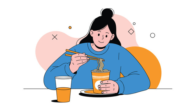Young happy woman eating instant noodles with chopsticks from a cup, with a drink beside her, illustrating a quick and simple meal solution.
