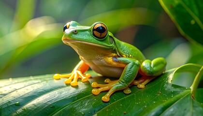 Obraz premium Green frog on a leaf closeup.