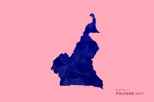 Cameroon Map - Low poly polygon map in deep blue gradient on soft pink pastel background, modern minimal geometric design, clean digital vector illustration.