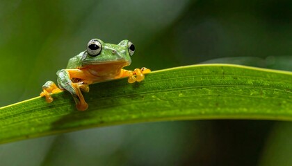 Obraz premium Small green frog on leaf outdoors.