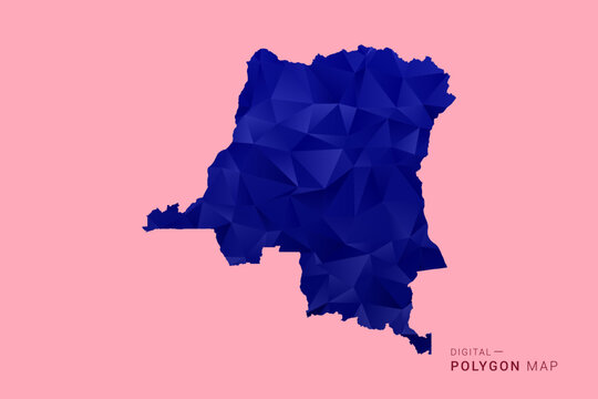 Democratic Republic of the Congo Map - Low poly polygon map in deep blue gradient on soft pink pastel background, modern minimal geometric design, clean digital vector illustration.