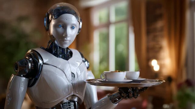 A humanoid robot serves coffee and pastry on a tray in a modern cafe setting, showcasing advanced technology and the integration of machines into daily life.