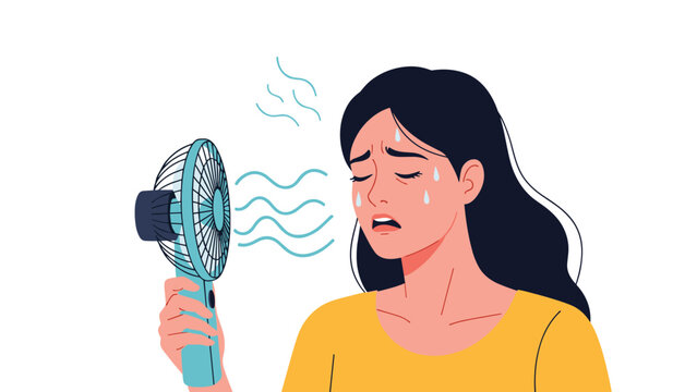 Woman sweating and holding a small fan to her face, seeking relief from extreme heat, hot weather, or experiencing menopause symptoms like hot flashes.