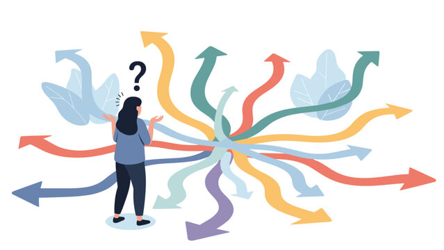Confused woman standing in front of numerous diverging arrows with a question mark above her head, symbolizing complex choices, uncertain decision-making, or life path dilemmas.