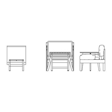 Side view outline of a living room set including TV cabinet, side table, 3 seater sofa, single seater sofa, coffee table, and stool emphasizing furniture profile.