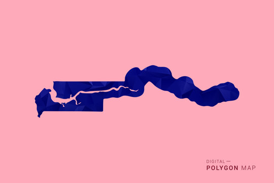 Gambia Map - Low poly polygon map in deep blue gradient on soft pink pastel background, modern minimal geometric design, clean digital vector illustration.