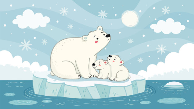 Cute polar bear family on floating ice with soft pastel colors in a snowy arctic landscape with clouds and snowflakes