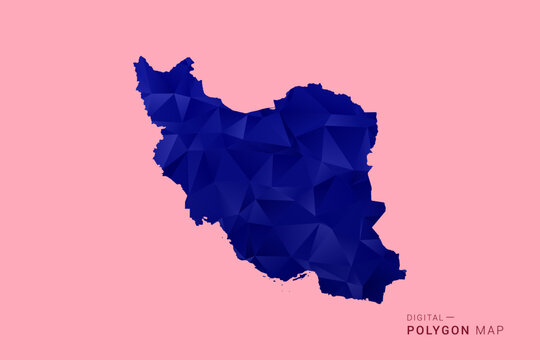Iran, Islamic Republic of Map - Low poly polygon map in deep blue gradient on soft pink pastel background, modern minimal geometric design, clean digital vector illustration.