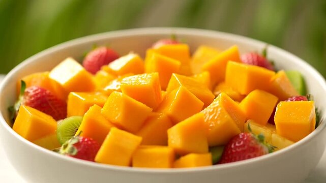 A vibrant fruit salad featuring diced mango, strawberries, and kiwi in a bright bowl