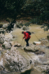 Obraz premium hiker with backpack crossing mountain river on stepping stones in forest, top view, trekking poles, adventure travel concept