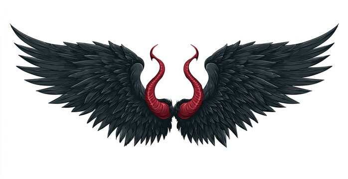 Black feathered wings with red horns, centered, on a white background