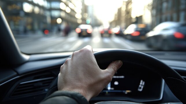 Focused view of EV drivers hand engaging regenerative braking paddle while the blurred interior hints at urban traffic conditions.