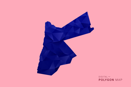 Jordan Map - Low poly polygon map in deep blue gradient on soft pink pastel background, modern minimal geometric design, clean digital vector illustration.