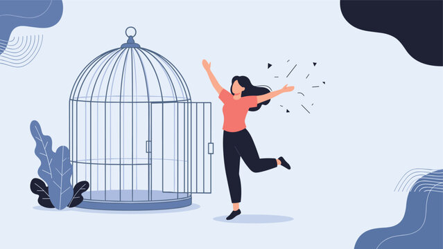 Happy woman with open arms standing outside an open birdcage, symbolizing freedom, liberation, overcoming restrictions, and new beginnings.