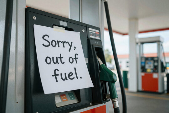 A sign with handwritten note 'Sorry, out of fuel.' attached to a fuel pump at an empty gas station. Concept of energy crisis, oil shortage, supply disruption, production cut, dwindling crude reserve.