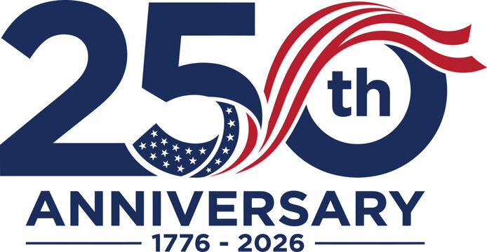 American 250th anniversary logo with red white and blue colors and stars