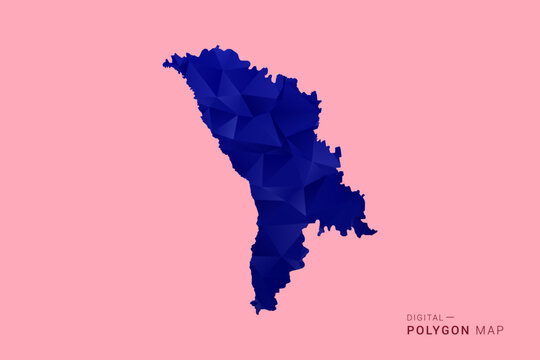 Moldova Map - Low poly polygon map in deep blue gradient on soft pink pastel background, modern minimal geometric design, clean digital vector illustration.