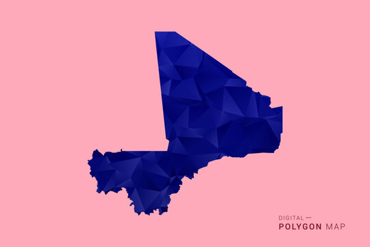 Mali Map - Low poly polygon map in deep blue gradient on soft pink pastel background, modern minimal geometric design, clean digital vector illustration.