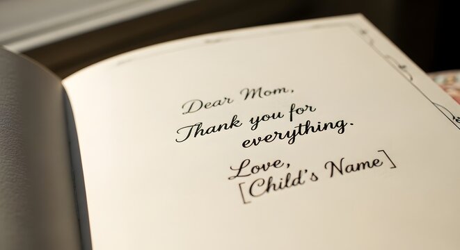 Child writes heartfelt thank you note to Mom in a book