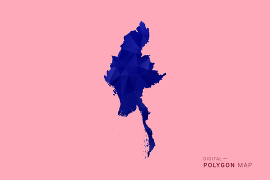 Myanmar Map - Low poly polygon map in deep blue gradient on soft pink pastel background, modern minimal geometric design, clean digital vector illustration.