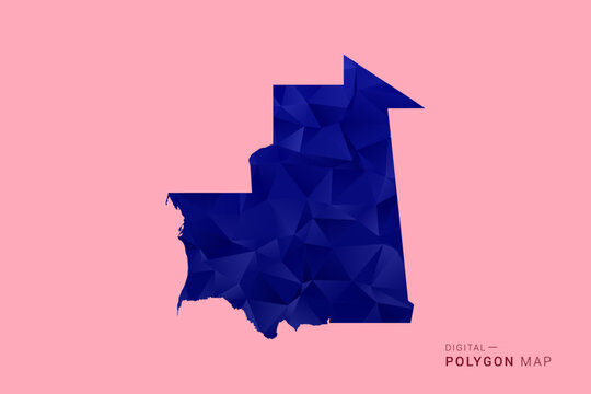 Mauritania Map - Low poly polygon map in deep blue gradient on soft pink pastel background, modern minimal geometric design, clean digital vector illustration.