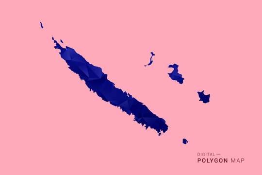 New Caledonia Map - Low poly polygon map in deep blue gradient on soft pink pastel background, modern minimal geometric design, clean digital vector illustration.
