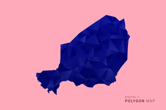Niger Map - Low poly polygon map in deep blue gradient on soft pink pastel background, modern minimal geometric design, clean digital vector illustration.
