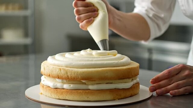 A baker skillfully decorates a layered cake with whipped cream in a bright kitchen