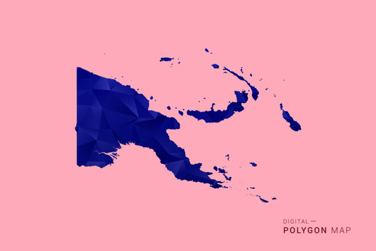 Papua New Guinea Map - Low poly polygon map in deep blue gradient on soft pink pastel background, modern minimal geometric design, clean digital vector illustration.
