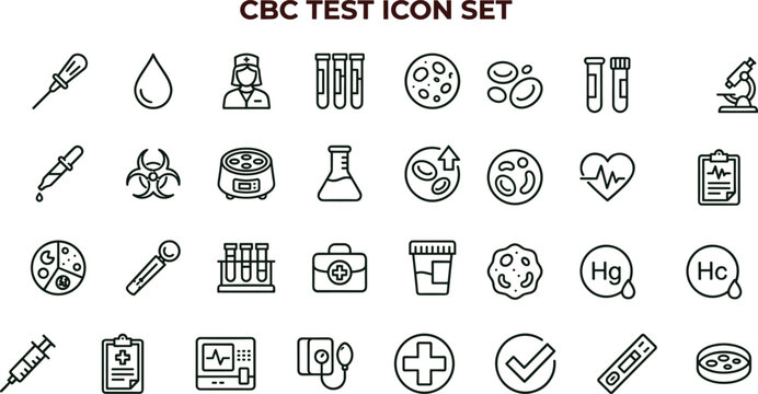 CBC test outline icon set with blood diagnostics laboratory analysis symbols for healthcare apps dashboards interfaces presentations education materials