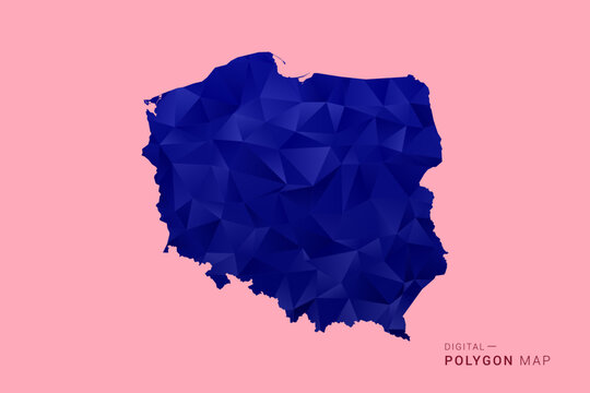 Poland Map - Low poly polygon map in deep blue gradient on soft pink pastel background, modern minimal geometric design, clean digital vector illustration.