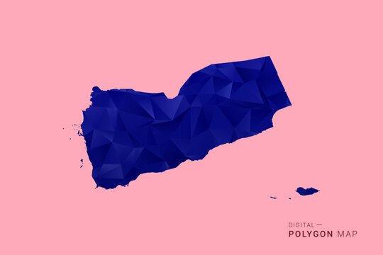Yemen Map - Low poly polygon map in deep blue gradient on soft pink pastel background, modern minimal geometric design, clean digital vector illustration.
