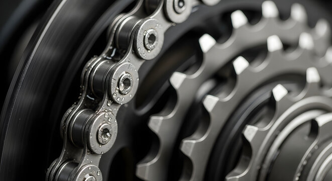 A close-up view of a bicycle chain and gears in sharp focus