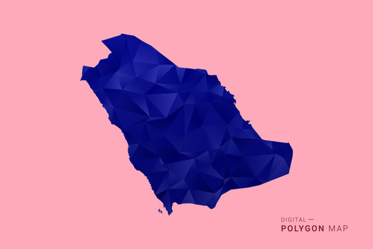 Saudi Arabia Map - Low poly polygon map in deep blue gradient on soft pink pastel background, modern minimal geometric design, clean digital vector illustration.