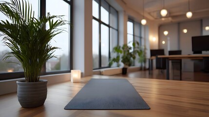 Fototapeta premium A yoga mat is placed on a wooden floor in a modern office with large and plants creating a serene atmosphere